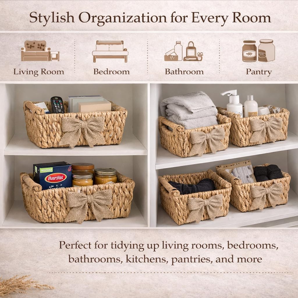 Bow Handwoven Water Hyacinth Storage Baskets with Wooden Handles & Burlap Bow, 12''L x 8''W x 4.8''H Decorative Shelf Organizer, Gift Basket Base, 4 Pack