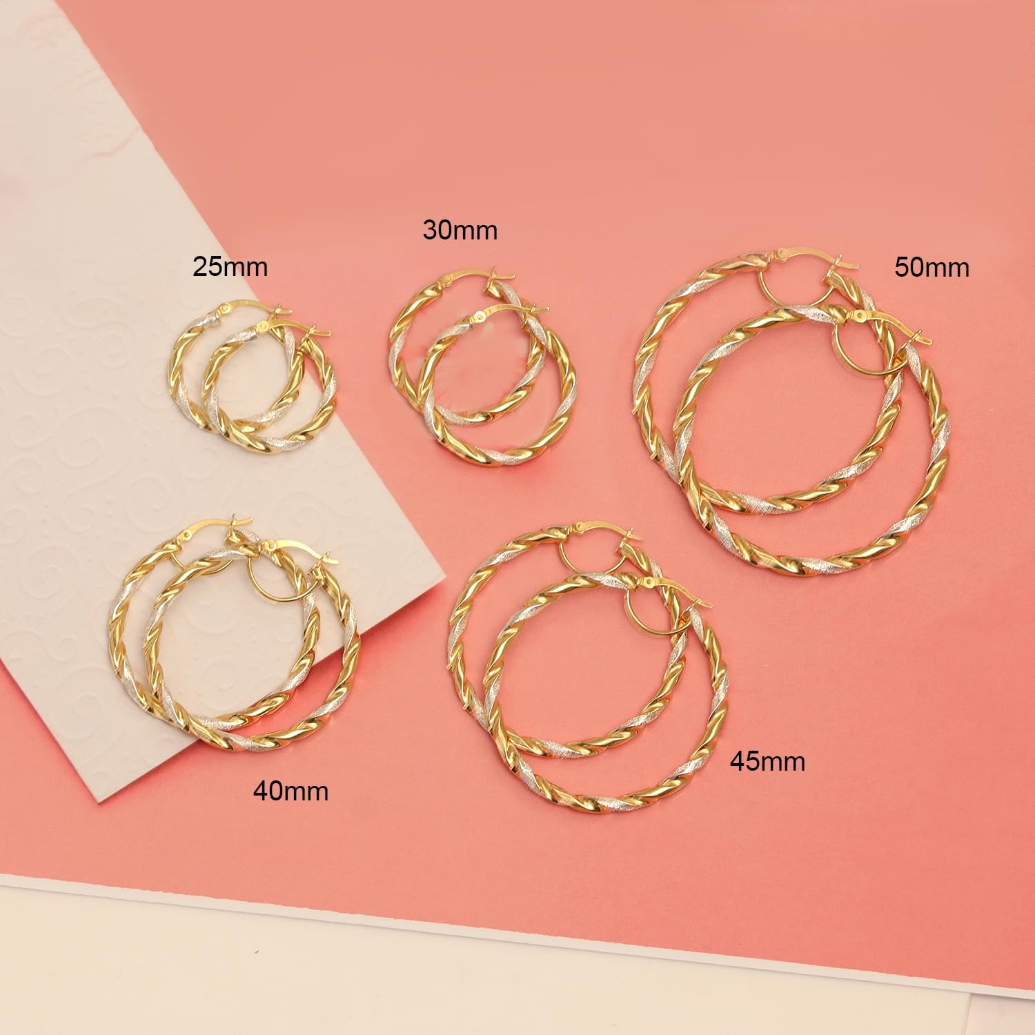 LeCalla Real 925 Sterling Silver Textured Two-Tone Three-Tone 14K Gold Plated Lightweight Italian Design Hoop Earrings for Women Diameter 25,30,40,45,50mm - Image 3