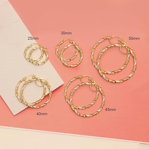 Vista 5 de LeCalla Pendientes de aro de plata de ley 925 texturizados de dos tonos, tres tonos, chapados en oro de 14 quilates, ligeros, diseño italiano