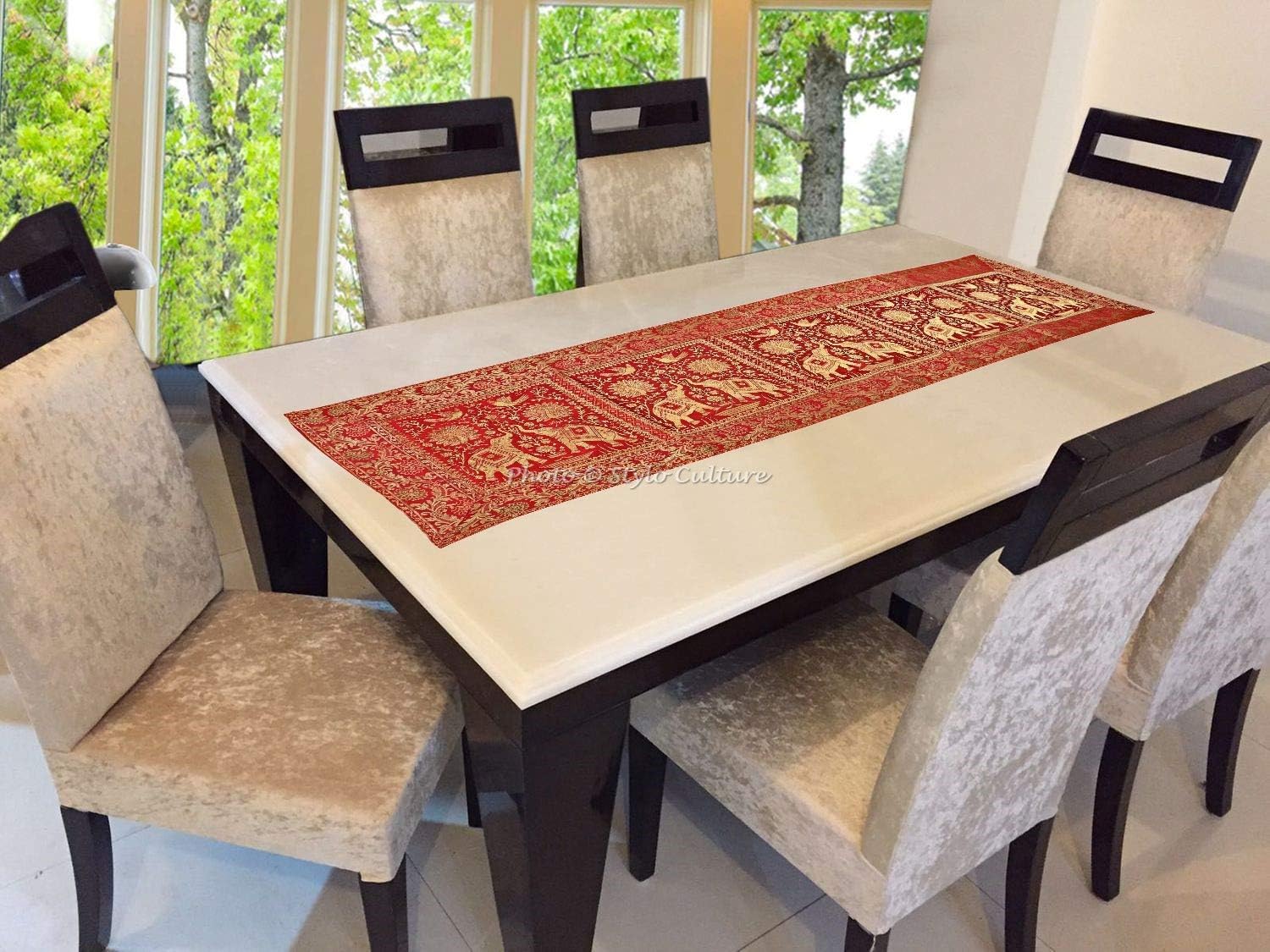 Brocade Jacquard Dining Table Runner Red Rectangular Bohemian Indian Home Decor Elephant Peacock Floral Ethnic Coffee Table Cloth | 60x16 Inches (152 x 40 cm)