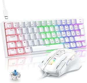 TECURS AZERTY Wired Mechanical Gaming Keyboard and Mouse Set, 60% Mini USB Backlit Gaming Mouse, RGB Gamer Mouse 7200 DPI for PC PS5 Xbox Win, Switch Blue, Anti-Ghosting, White