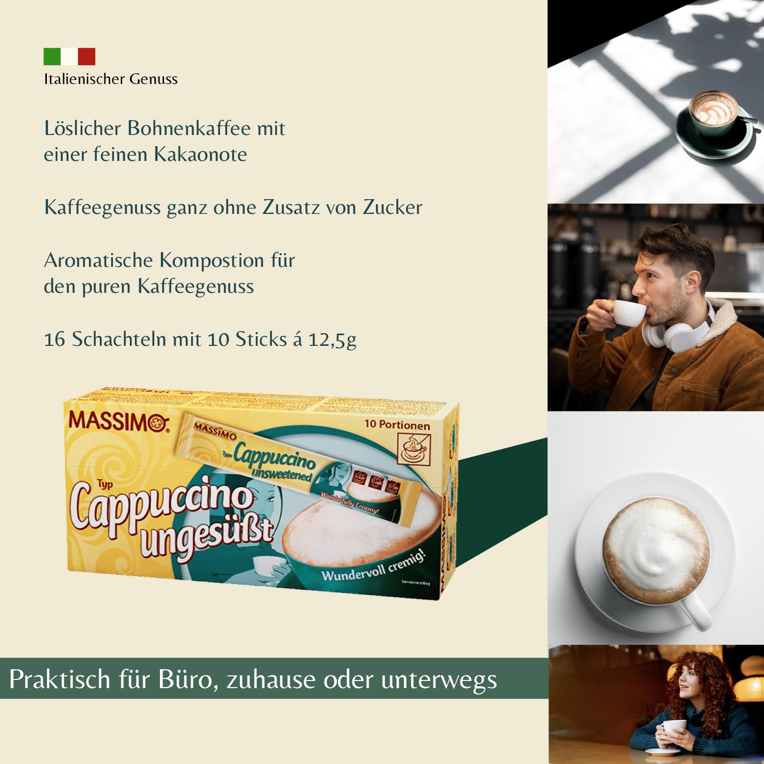MASSIMO Cappuccino niesłodzone, 160 patyczków, 16 x 10 patyczków po 12,5 g, opakowanie ekonomiczne, rozpuszczalna kawa ziarnista, kakao, bez cukru, szybkie przygotowanie, zawiera kofeinę, kawa