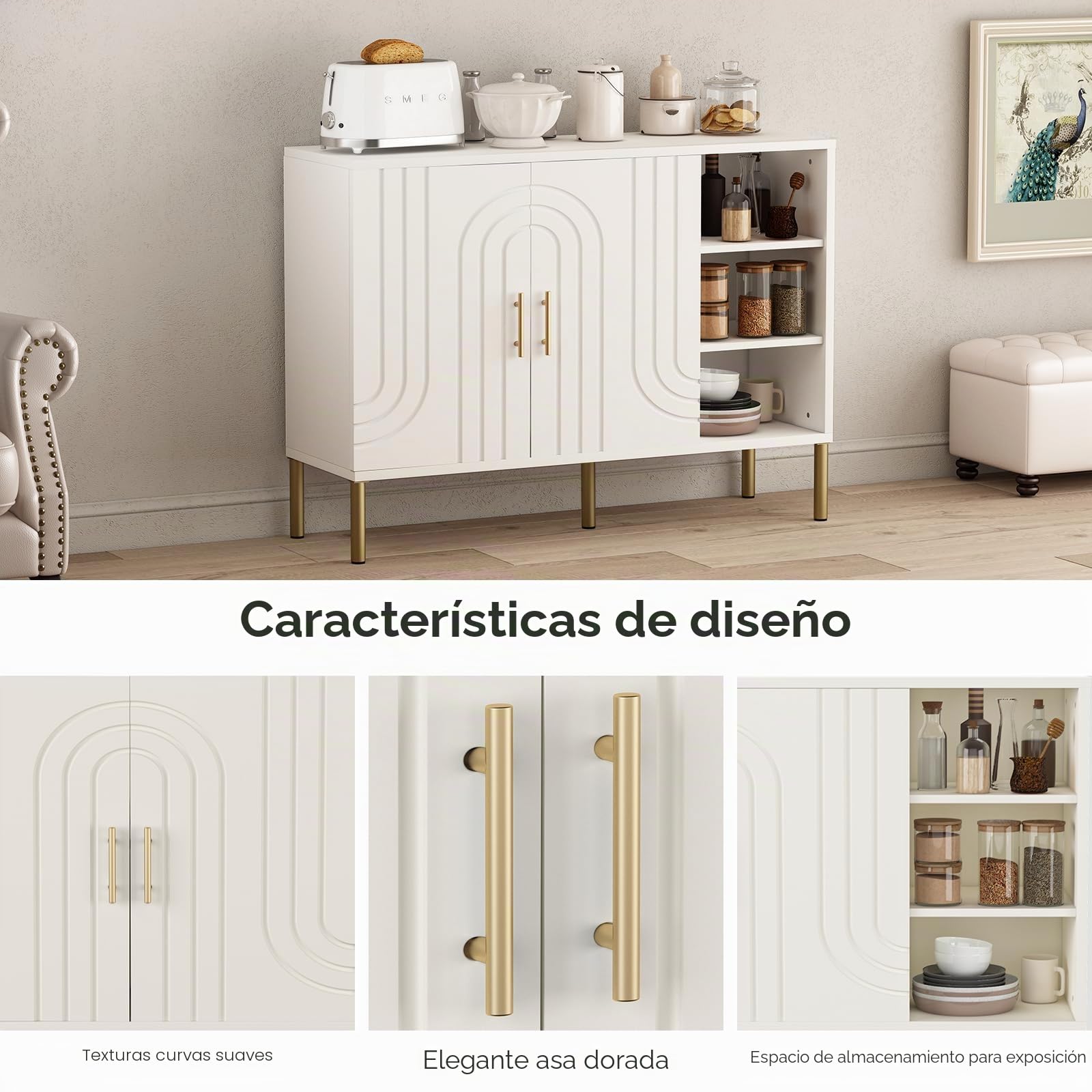 Aparador versátil con Textura Curva, Mueble de almacenaje de Madera con 2 Puertas y 3 estantes, Buffet con Almacenamiento, para salón, Cocina y Pasillo, Color Crema, 110 x 35 x 82 cm