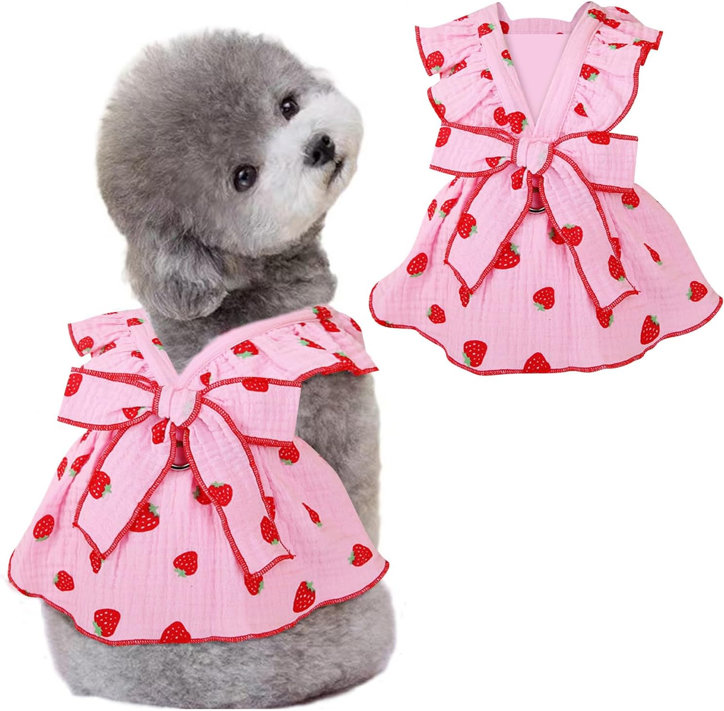 Girl Dog Dresses for Small Dogs, 100% Cotton Clothes With Leash Ring & Bow Decor, Cute Strawberry Print, Summer Cat Dresses (Pink, Large)