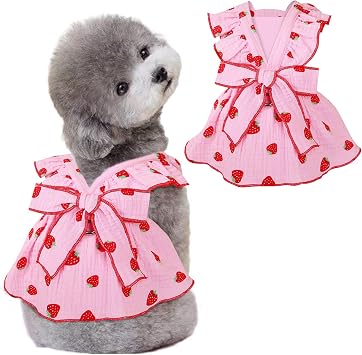 Dog Dresses for Girls, 100% Cotton Clothes With Leash Ring & Bow Decor, Cute Strawberry Print Summer Cat Dresses Pink, X-Small