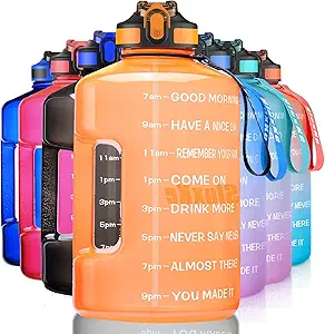 SLUXKE 1 Gallon Water Bottle with Time Marker and Straw, BPA Free 128oz Leak Proof Motivational Large Water Bottle Jug with Handle, Pop Up Open Sports Big Bottle Jug with Comfortable Silicone Nozzle