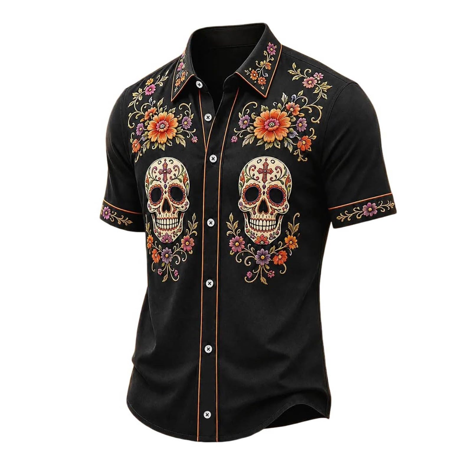 Halloween Shirt Men,Skull Shirt Mens Short-Sleeve Day of The Dead Floral Skull Goth Casual with Button-Down Fit Spooky Party Wear Funny Graphic Vintage Style Casual Outfits — image 1