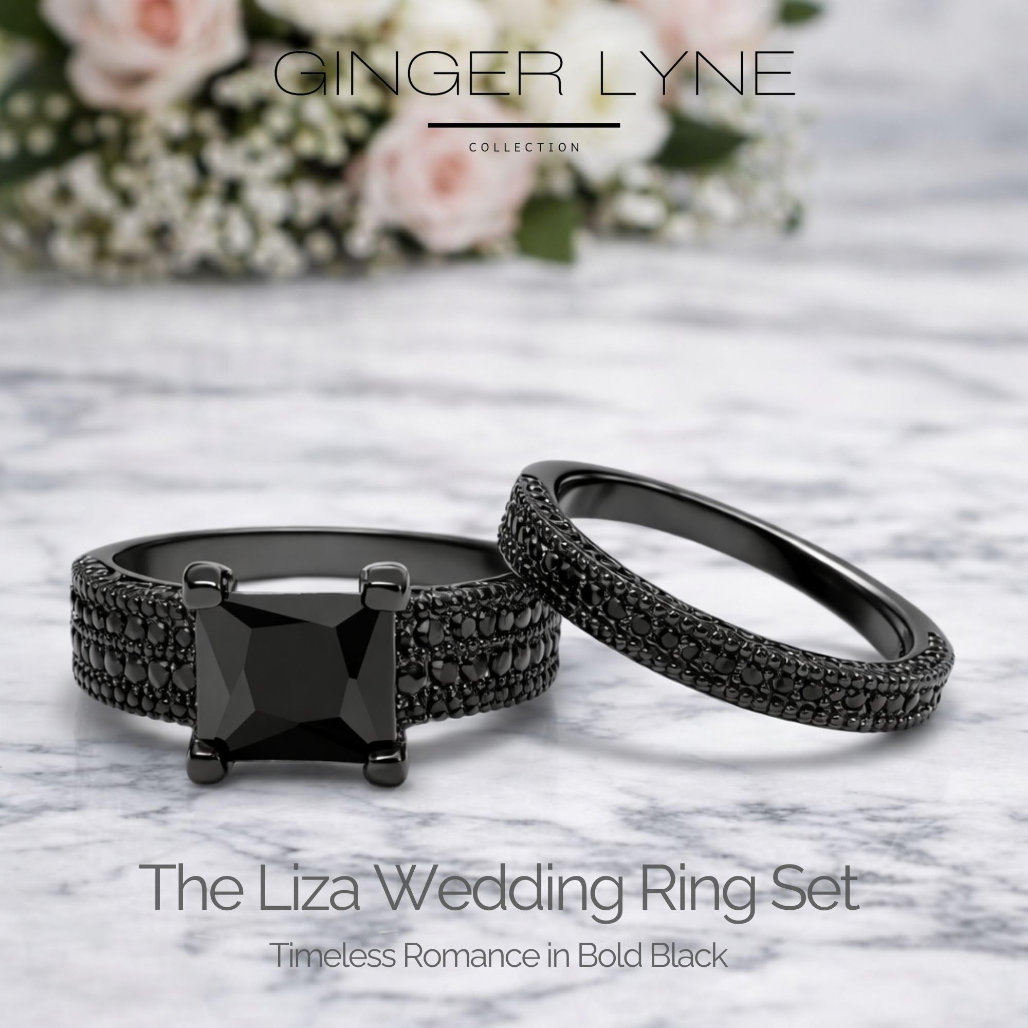 Exquisito Negro novia compromiso boda banda anillo Set – Ginger Lyne colección, negro, 8