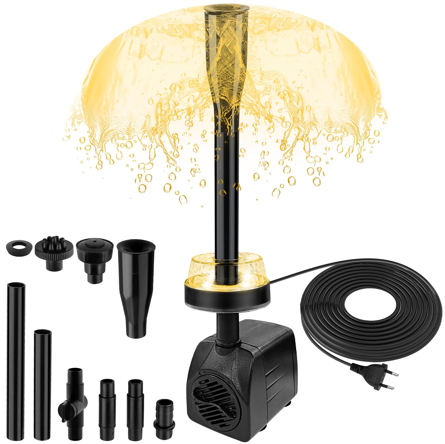 NATPOW Mini Bomba de Agua Sumergible con Luz LED 3000K, 15W 800L/H Bomba de Acuario con 3 Buses Boquillas, Cable 3M, Ultra Silenciosa Bomba para Acuario Fuente Estanque Estatuas