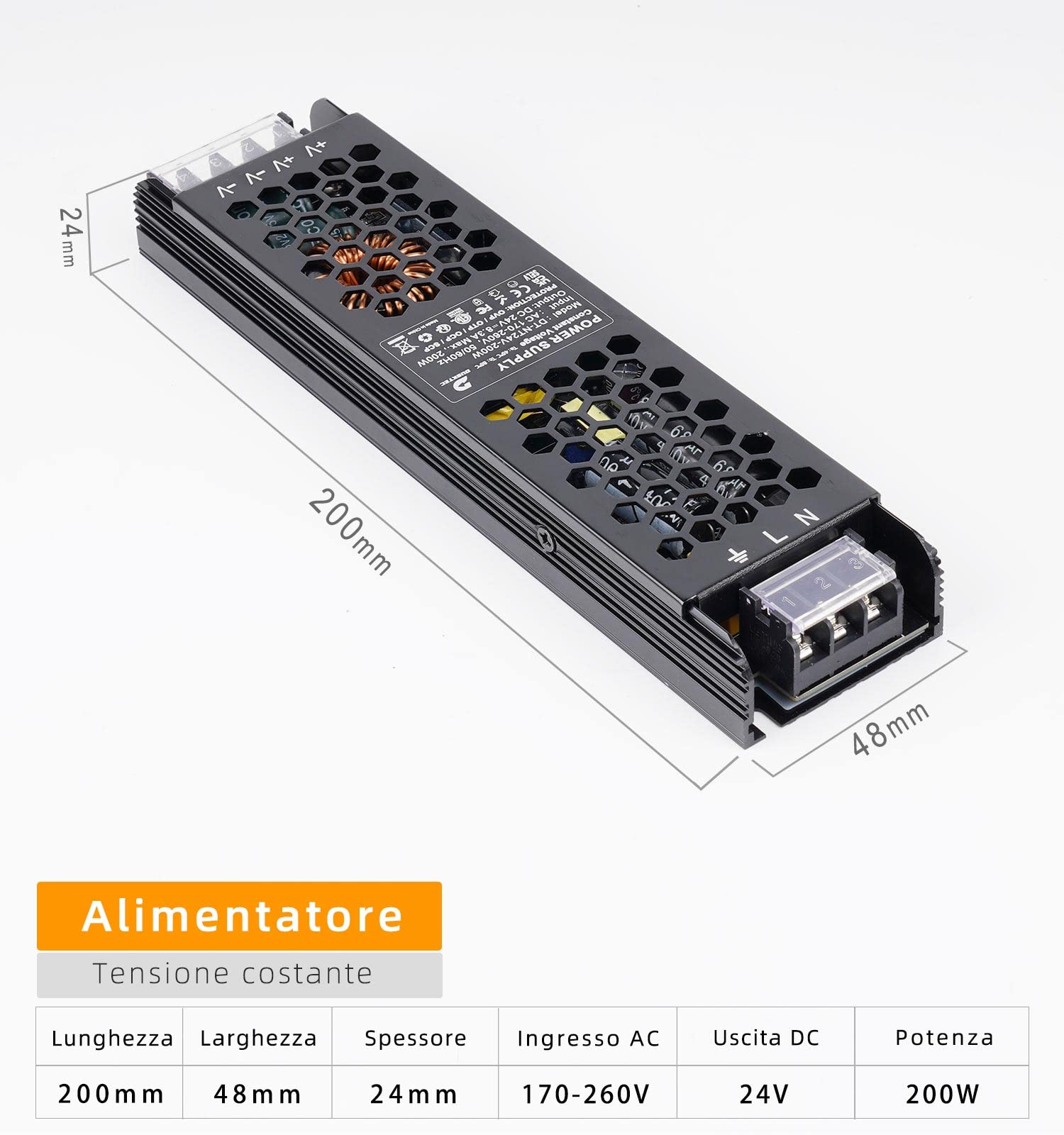 DUSKTEC Alimentatore 24V 200W, Trasformatore 220V DC per Striscia LED Stabilizzato, Power Supply Due Uscite, Driver a Tensione Costante per Luci Faretti GU 5.3 G4 Lampadina