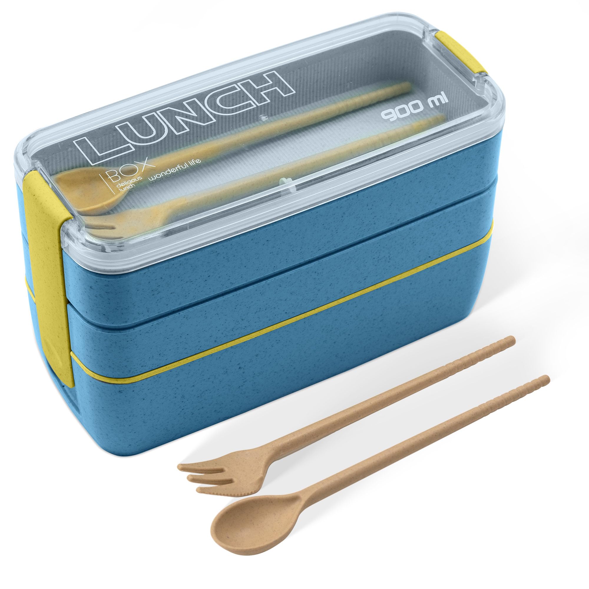 CUQOO Bento Lunch Box - Stackable 3-Compartment Leakproof Bento Box for Kids & Adults, BPA-Free, Microwave & Dishwasher Safe with Cutlery, Reusable Portable Bento Box for School, Work & Picnics, Blue