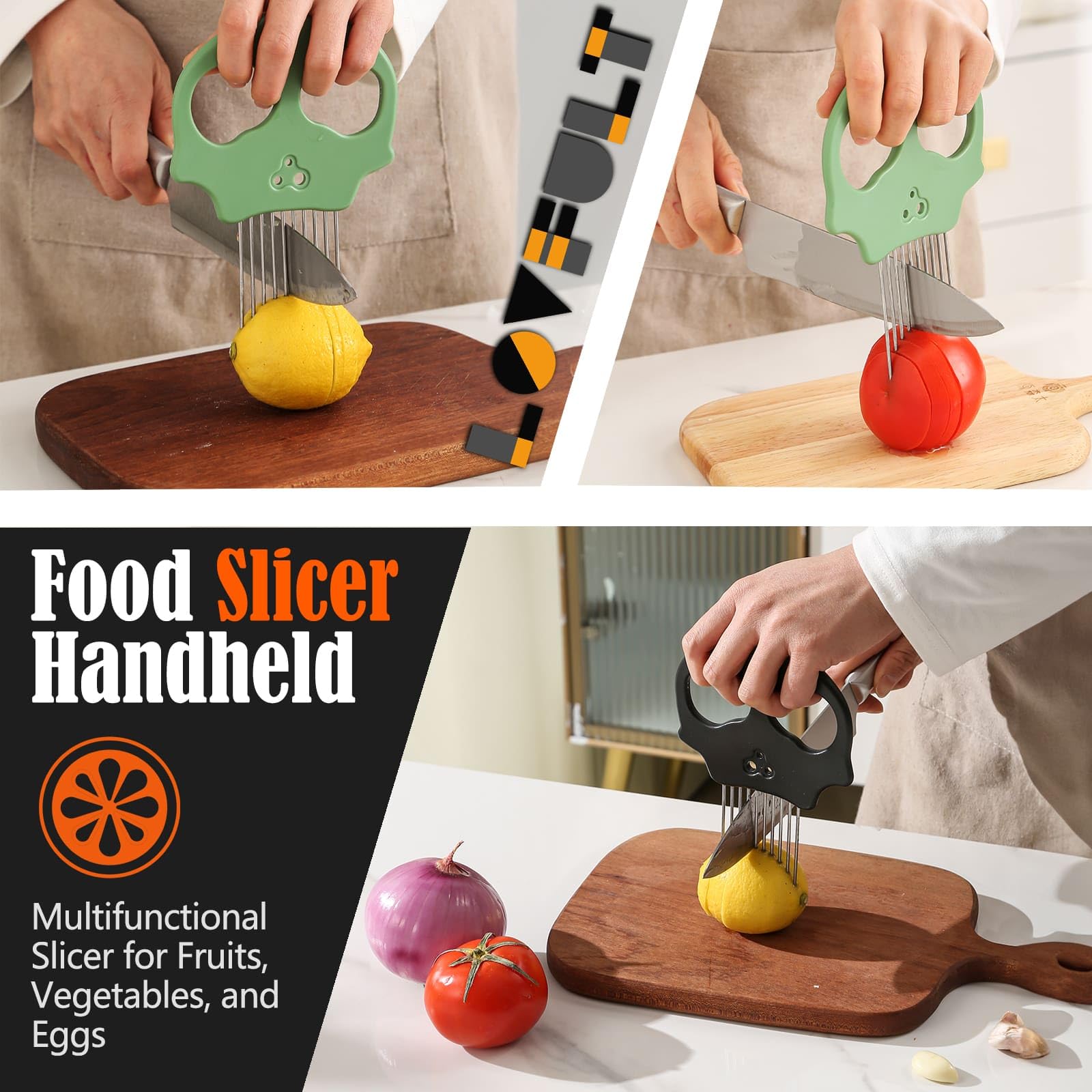 Cortador de cebolla de acero inoxidable - Cortador de verduras multifunción y pelador de hierbas para aguacates, huevos, tomates, papas (negro) 2