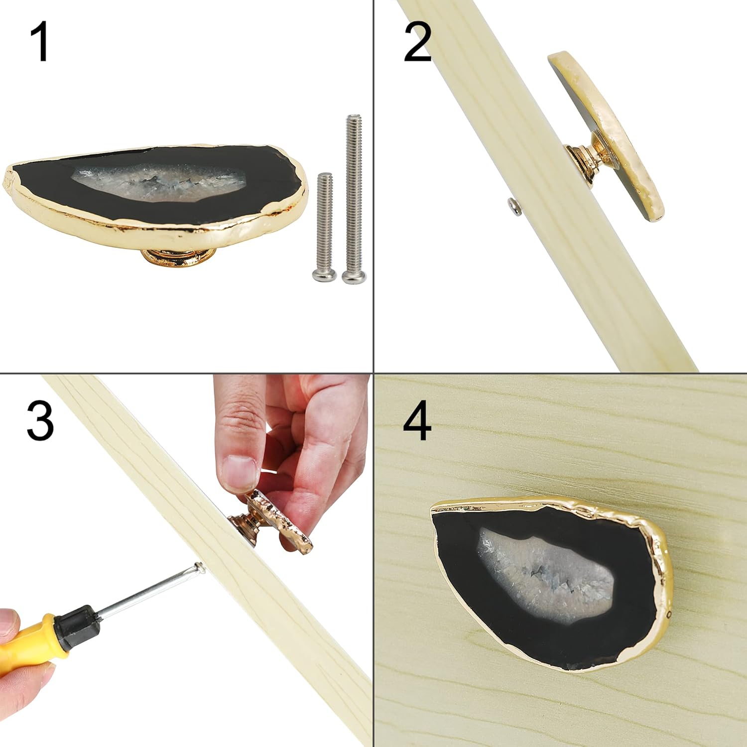 Malimali Unique Black Agate Cabinet Knobs and Pulls Set of 4, Knobs for Cabinets and Drawers Gold Dresser Knobs Bifold Door Knob for Closet Kitchen Cupboard