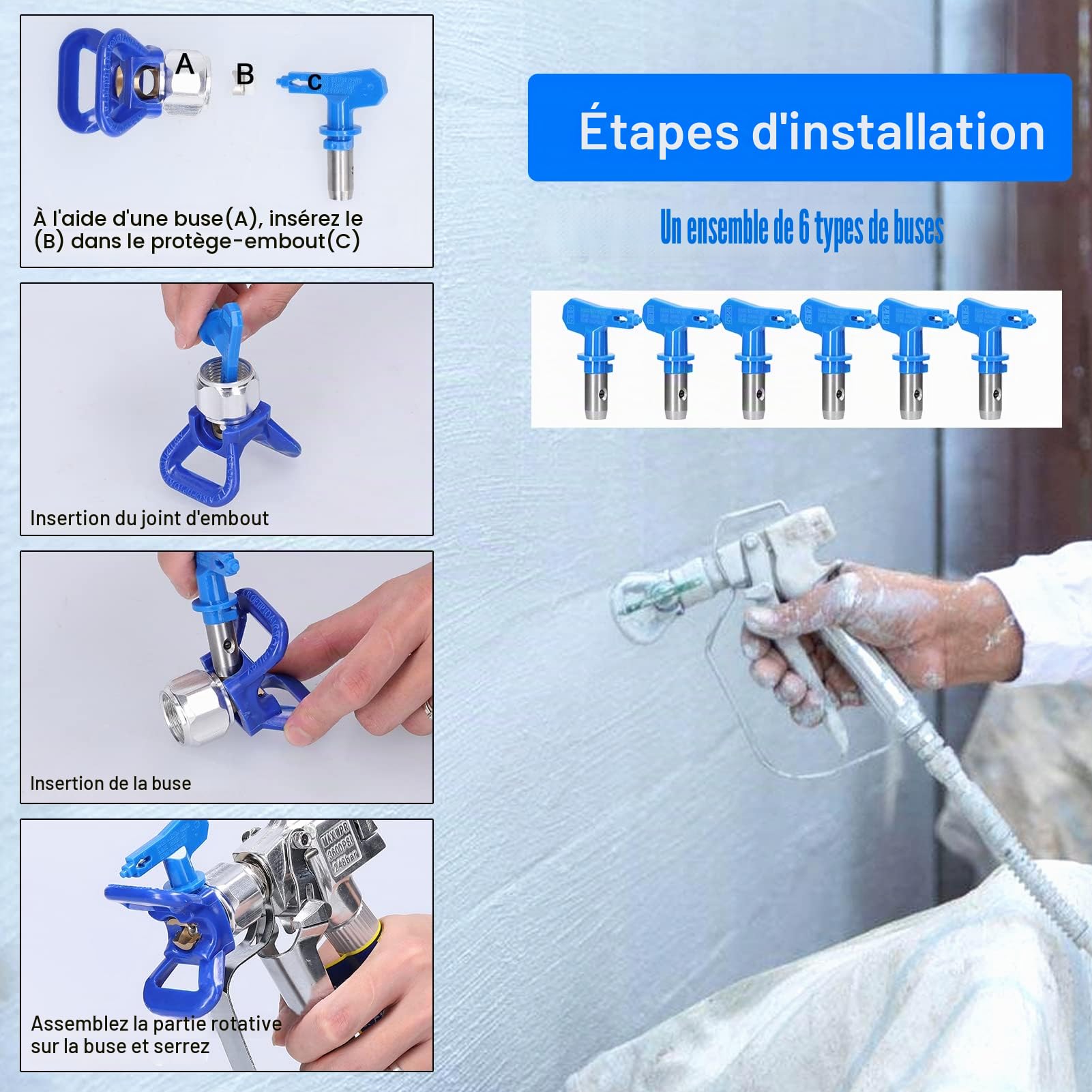 Buses de Pulvérisation Airless,Buse de Pulvérisation Réversible,6 PCS pour Pulvérisateur de Peinture Airless avec 2 Sièges de Buse,pour Maisons,Bâtiments,Jardins,Terrasses et Clôtures