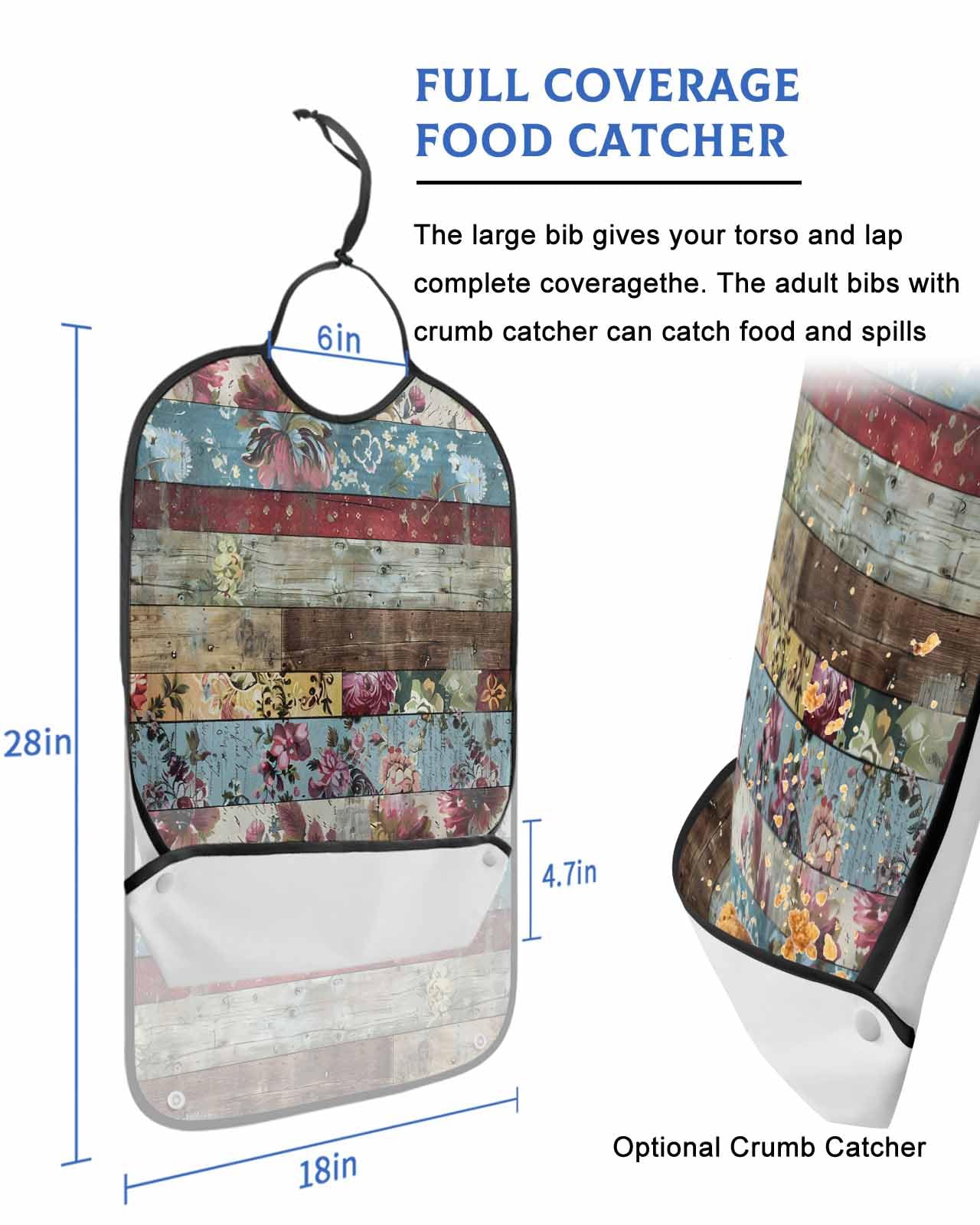Farmhouse Flower Adult Bib for Adults Men, Women, Rustic Fall Flower Floral Wooden Washable & Adjustable Terry Cloth Bib with Crumb Catcher Reusable Waterproof Clothing Clothes Protector Apron