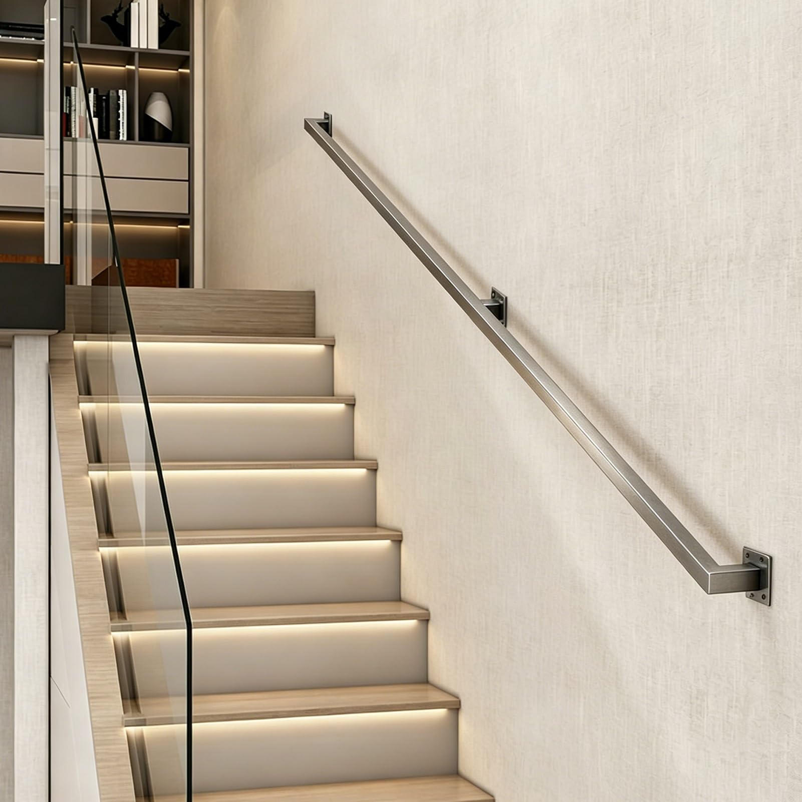 Hamankim One Color 1Ft-20Ft Stair Banister Handrail For Walls, Silver Stainless Steel Square Tube Hand Railing Support Kit, For Loft Porch Garage Deck Safety Grab Bar Wood Concrete(2.6Ft/0.8M)