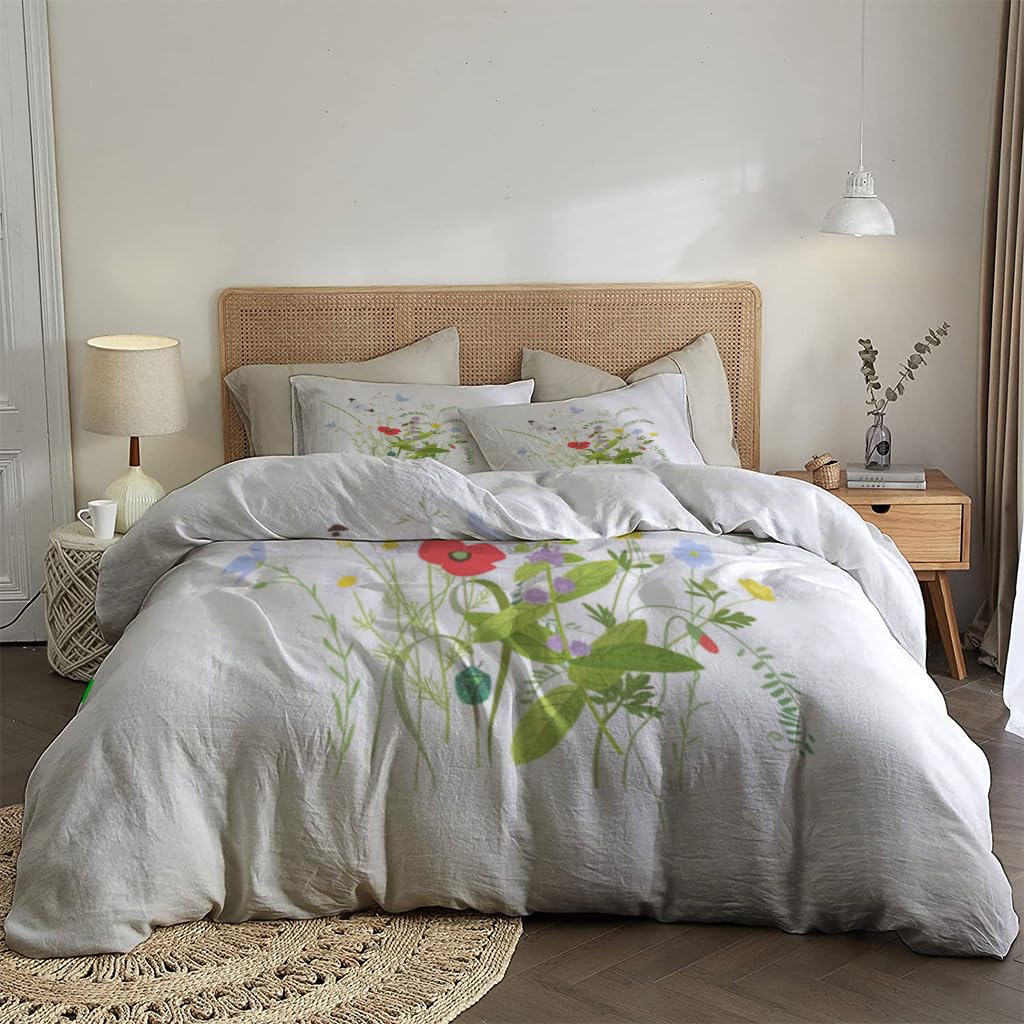 NIBAINLO 布団カバー野生の花、草、植物 肌に優しい ピーチスキン加工 掛け布団カバー 和式 洋式 あったか 布団カバーセット リバーシブル ホームステイ ホテル 家庭兼用
