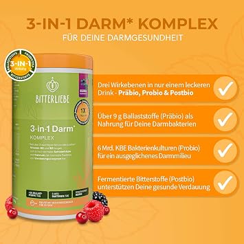 BitterLiebe - 3-in-1 intestinal complex - intestinal treatment powder with 9 g fibre and 6 billion intestinal bacteria - build intestinal flora intestinal health * - L glutamine acacia fibre inulin