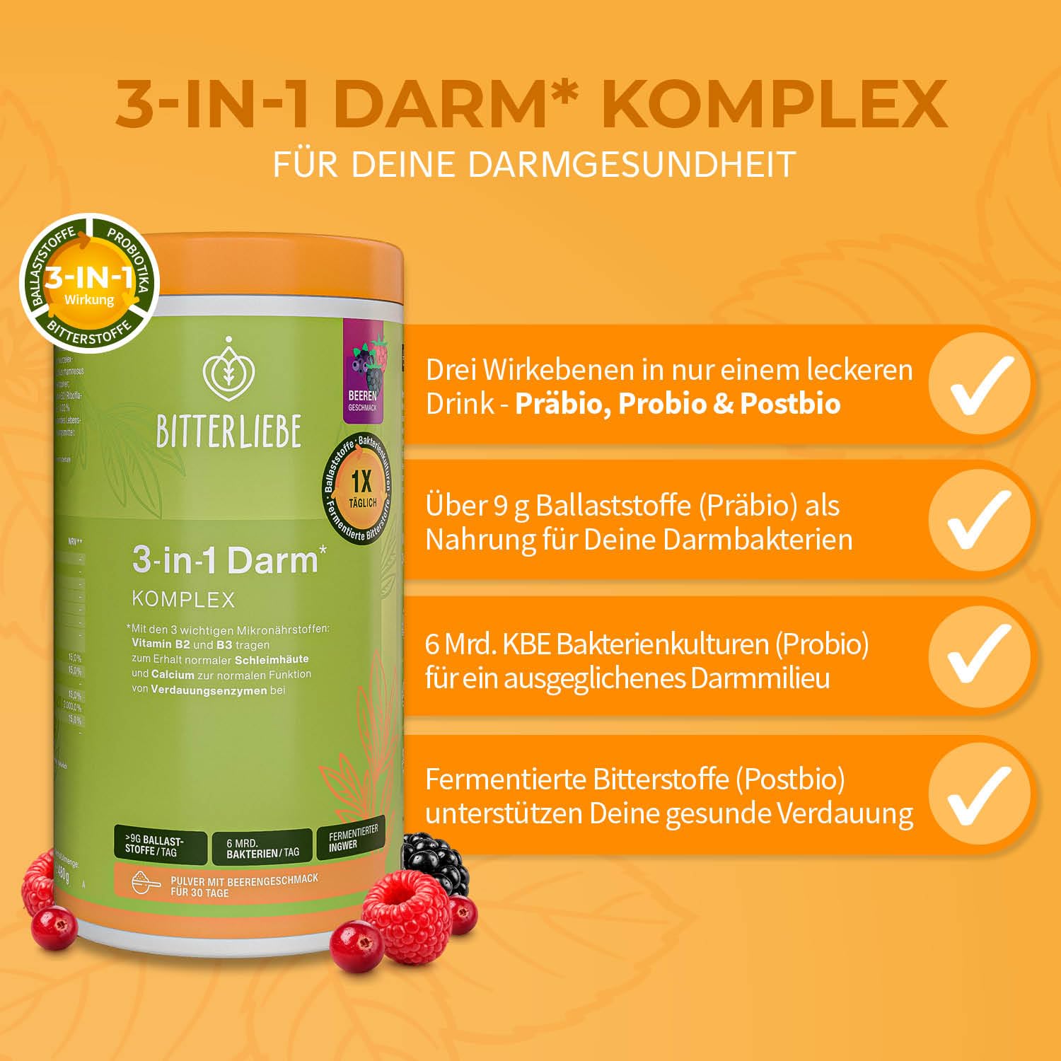 BitterLiebe - 3in1 Darm Komplex - Darmkur Pulver mit 9g Ballaststoffe & 6 Mrd. Darmbakterien - Darmflora aufbauen *, Darmgesundheit * - L Glutamin, Akazienfaser, Inulin und Verdauungsenzyme