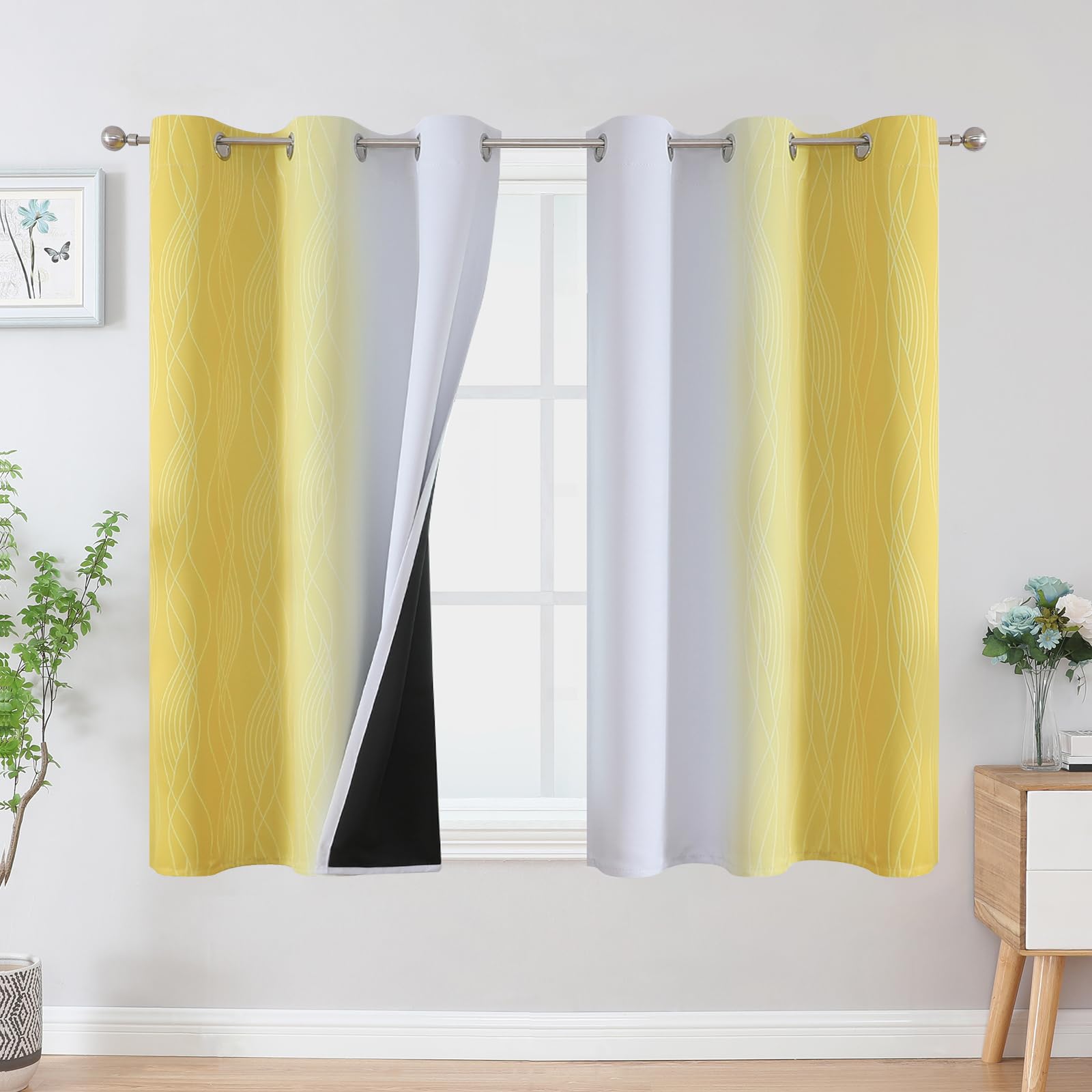 Estelar Textiler Yellow and Greyish White Ombre Blackout Curtains 45 Inch Length 2 Panels, Full Room Darkening Gradient Drapes for Bedroom,Thermal Insulated Grommet Short Curtains for Bathroom,42Wx45L