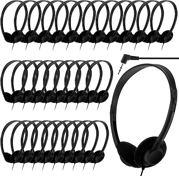 Yunsailing 30 Pack Bulk Over Ear Headphones Set On Ear Headsets Black Earphones with Adjustable Headband & 3.5mm Plug for Group Learning, Computer Lab, Library, Online Lesson and Testing