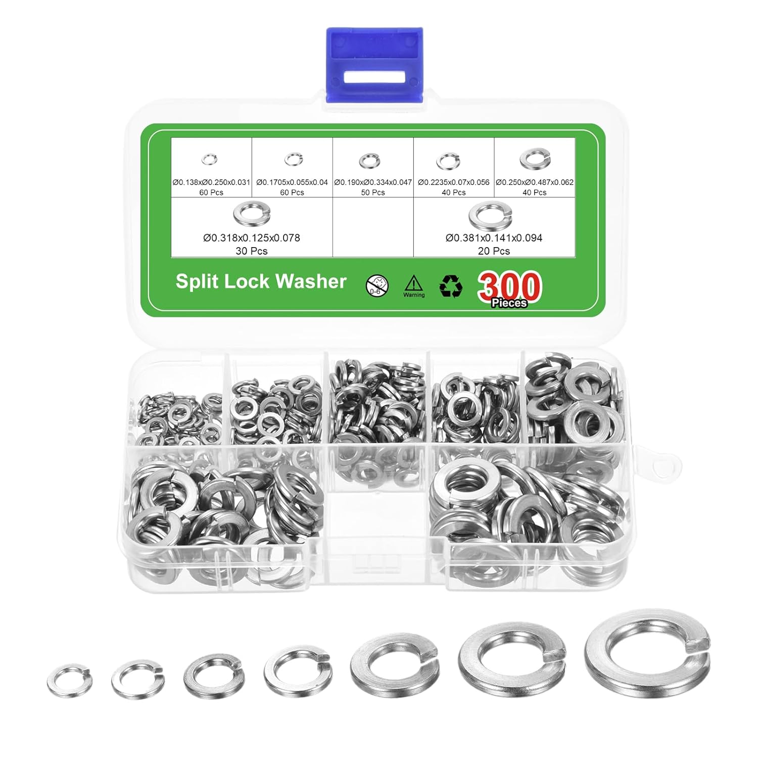 uxcell 300Pcs #6#8#10#12 1/4" 5/16" 3/8" 304 Stainless Steel Split Lock Washer and Kit for Screw Bolts Machinery