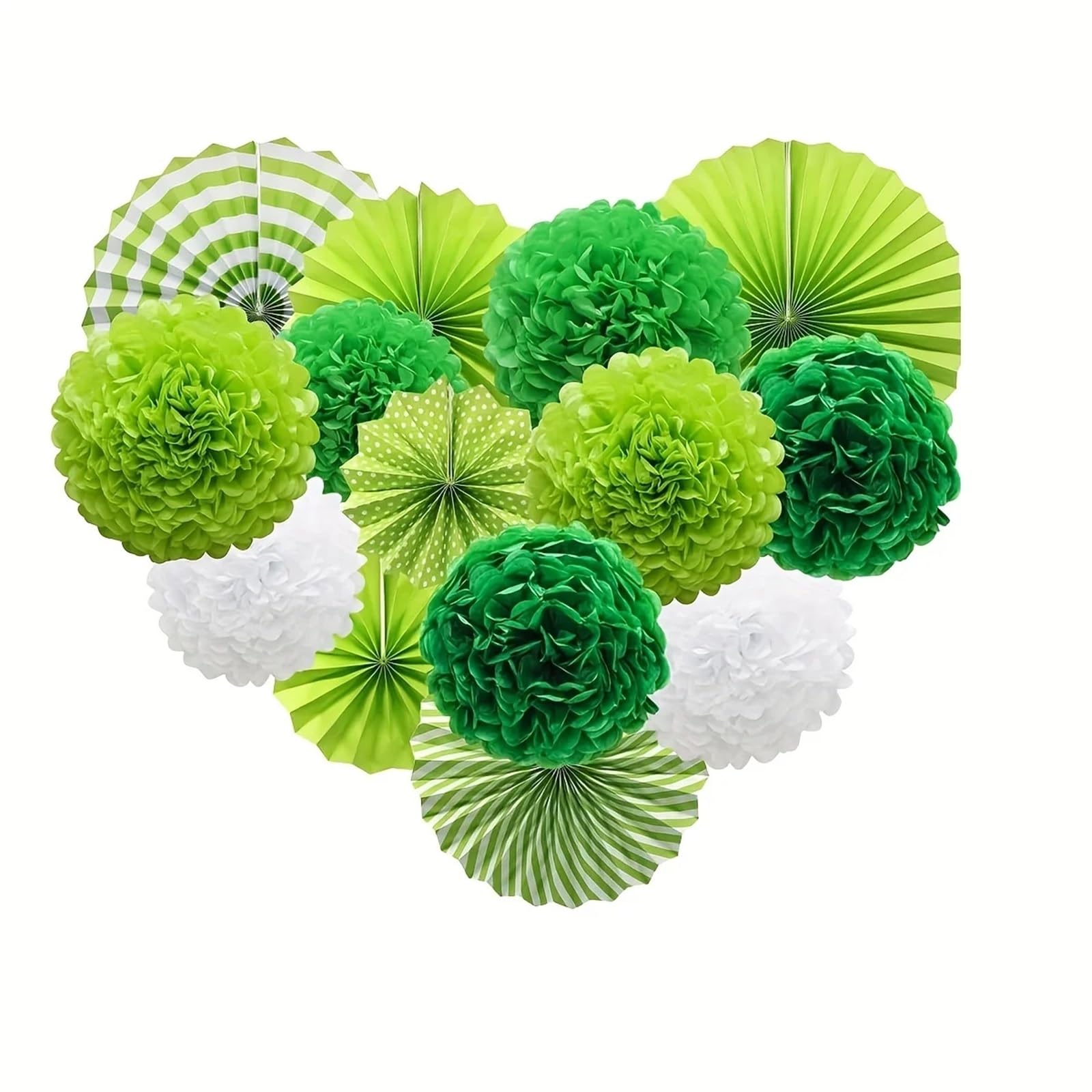 15pack Green Paper Pompom Set with Fan Birthday Wedding, Graduation