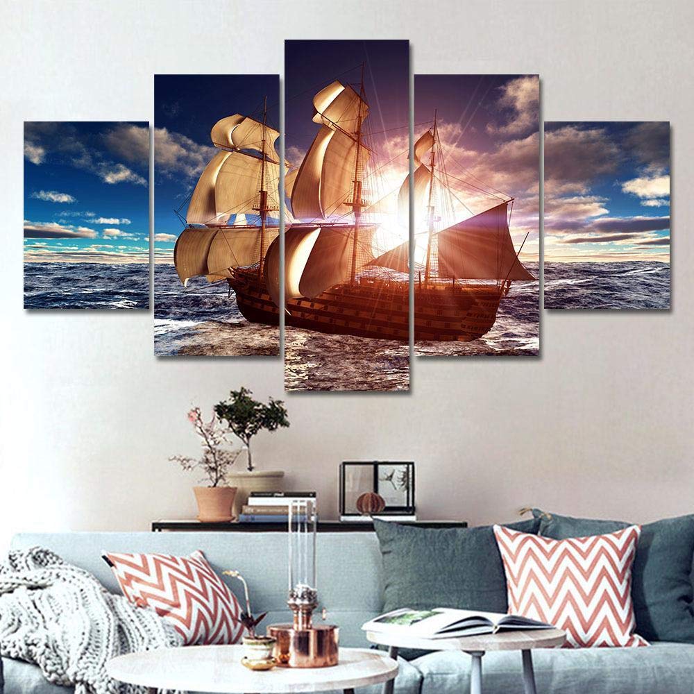 Cinq pièces peinture bateau mer coucher de soleil pour habiller un grand mur