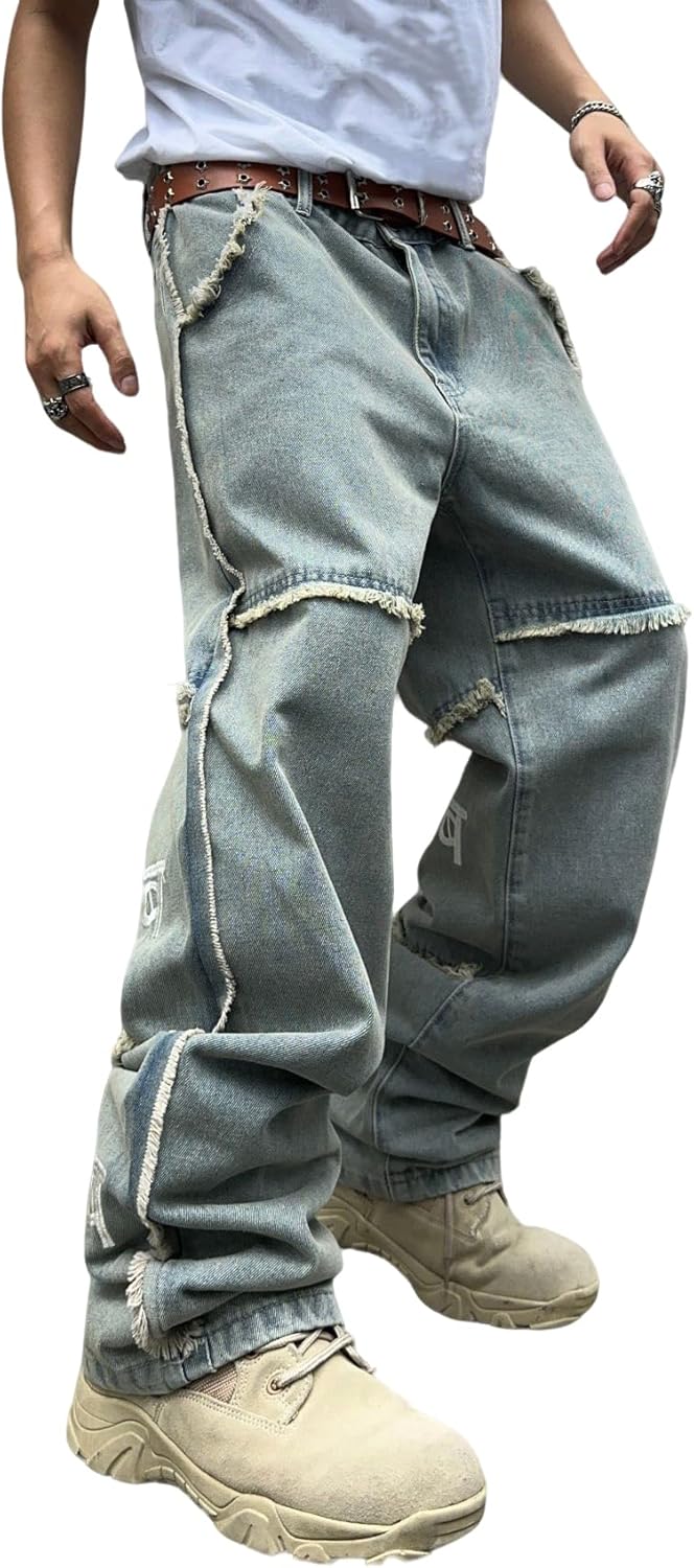 Mens Baggy Jeans Street Rock Style Fringe Frayed Edges Jeans Patchwork Wide Leg Skater Denim Pant