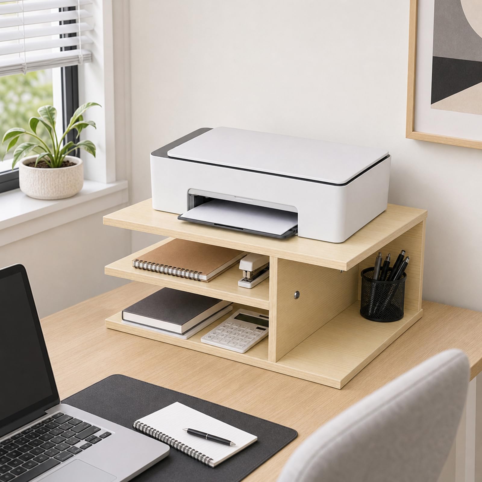 Supporto per stampante da scrivania, organizer a 3 scomparti per stampanti e forniture per ufficio, salvaspazio e stabile, per home office e piccoli spazi, 40 x 30 x 17 cm, effetto legno