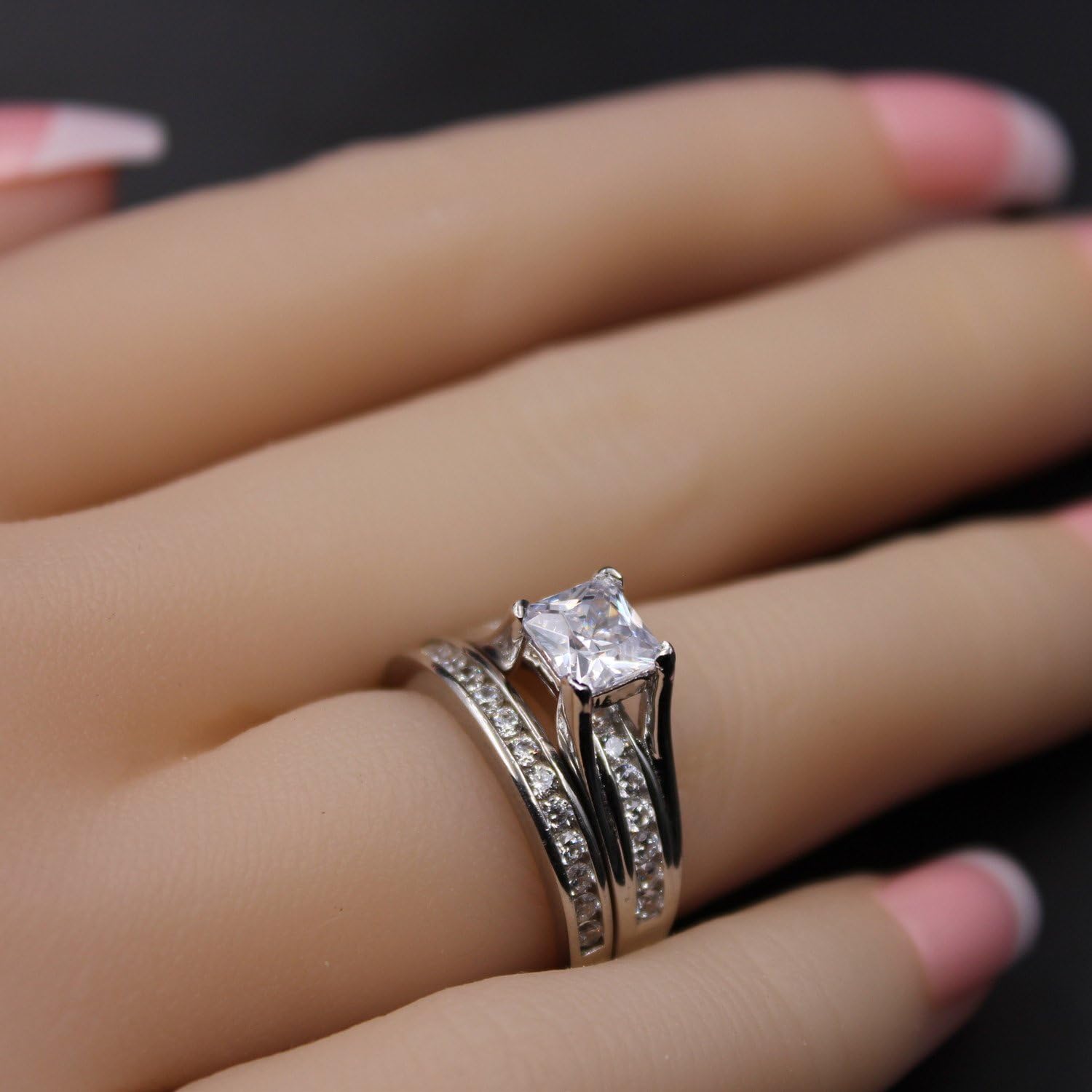 MABELLA Wedding Ring Sets Couples Rings Women's Sterling Silver Princess CZ Men’s Stainless Steel Bands