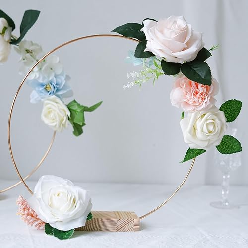 Miniatura 8 de OurWarm 12 centros de mesa de aro floral de 12 pulgadas con soporte para mesa, piezas centrales de metal con base de madera, centros de mesa dorados