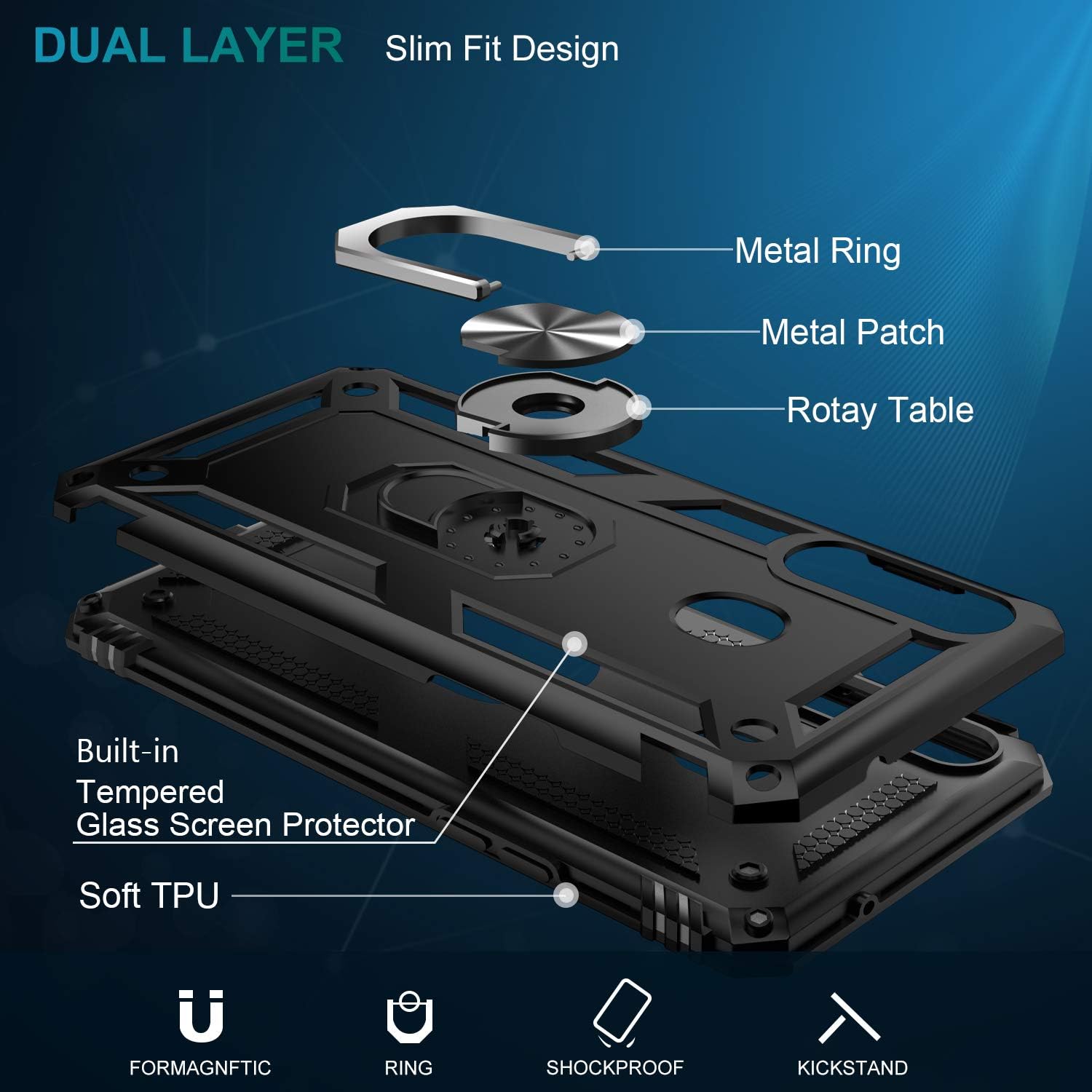 LUMARKE Galaxy A20S Case with Glass Screen Protector(2 Pack),Pass 16ft Drop Test Military Grade Heavy Duty Cover with Magnetic Kickstand,Protective Phone Case for Samsung Galaxy A20S Black