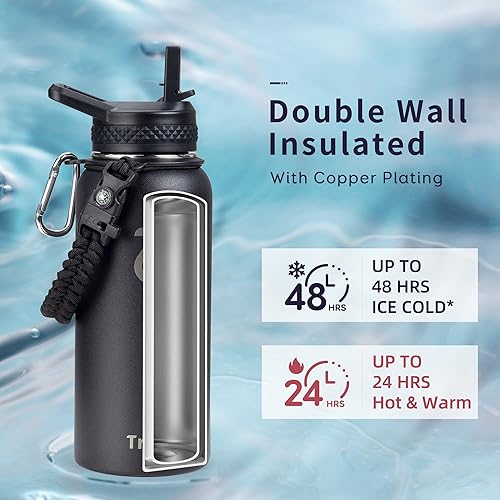 Miniatura 2 de Trebo Botella de agua de 32 onzas aislada con tapa y popote, vaso de metal de acero inoxidable de doble pared al vacío con mango de paracaídas,