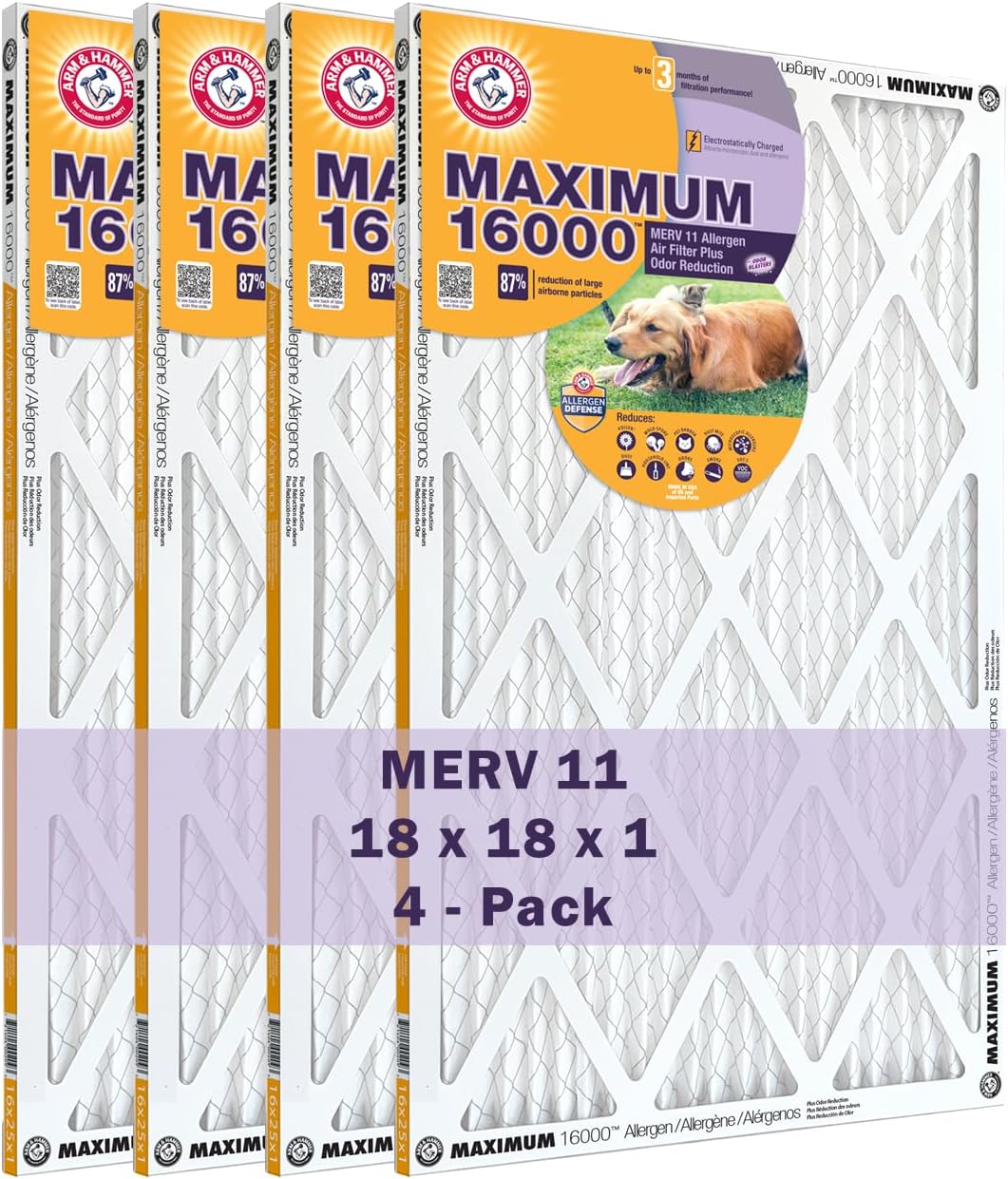 Arm & Hammer Max Allergen & Odor Reduction 18x18x1 Air and Furnace Filter, MERV 11, 4-Pack
