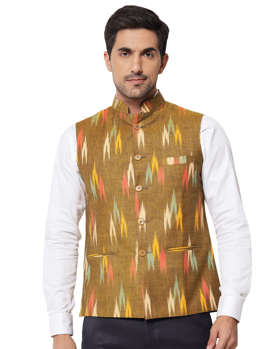 vastraa fusion Mens Handloom Ikat Printed Cotton Nehru Jacket - (VS4504D-36_Mehndi Green)-picture-50