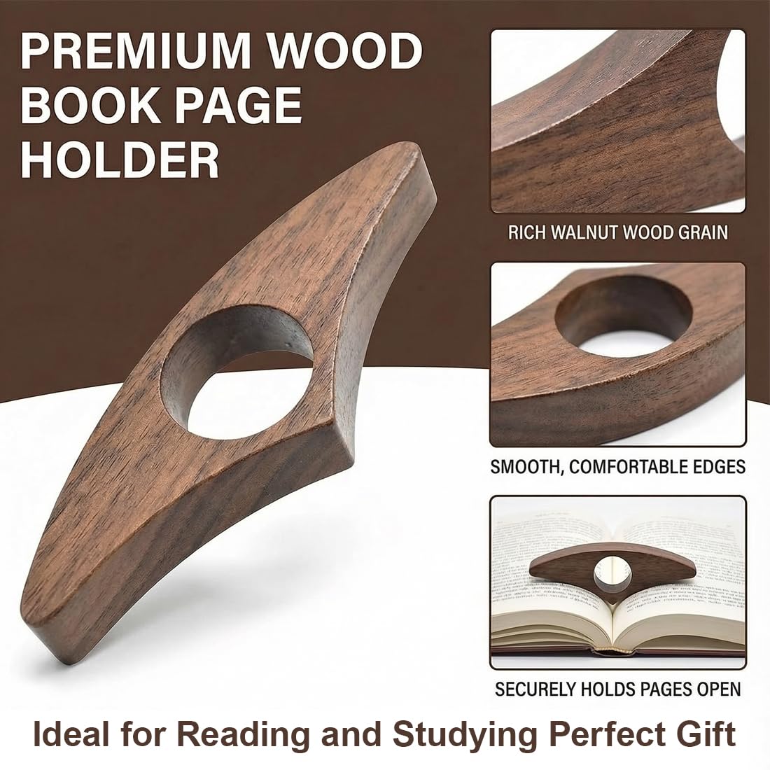 Ferma Pagine Libro in Legno di Noce Naturale per Amanti dei Libri, Reggilibro da Dito 25 mm