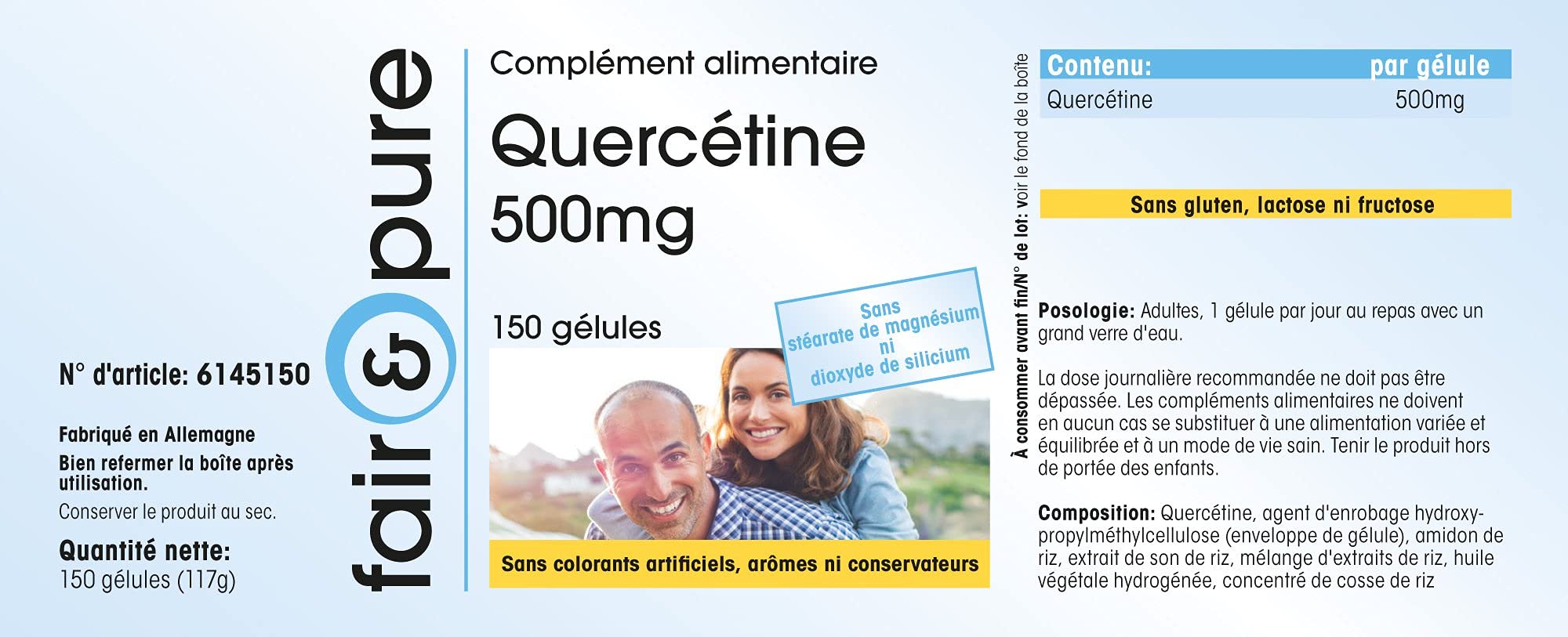 Fair & Pure Quercetin 500mg, 150 Kapseln, hochdosiert, Nahrungsergänzungsmittel vegan ohne Magnesiumstearat, in Deutschland hergestellt (Packung mit 2)