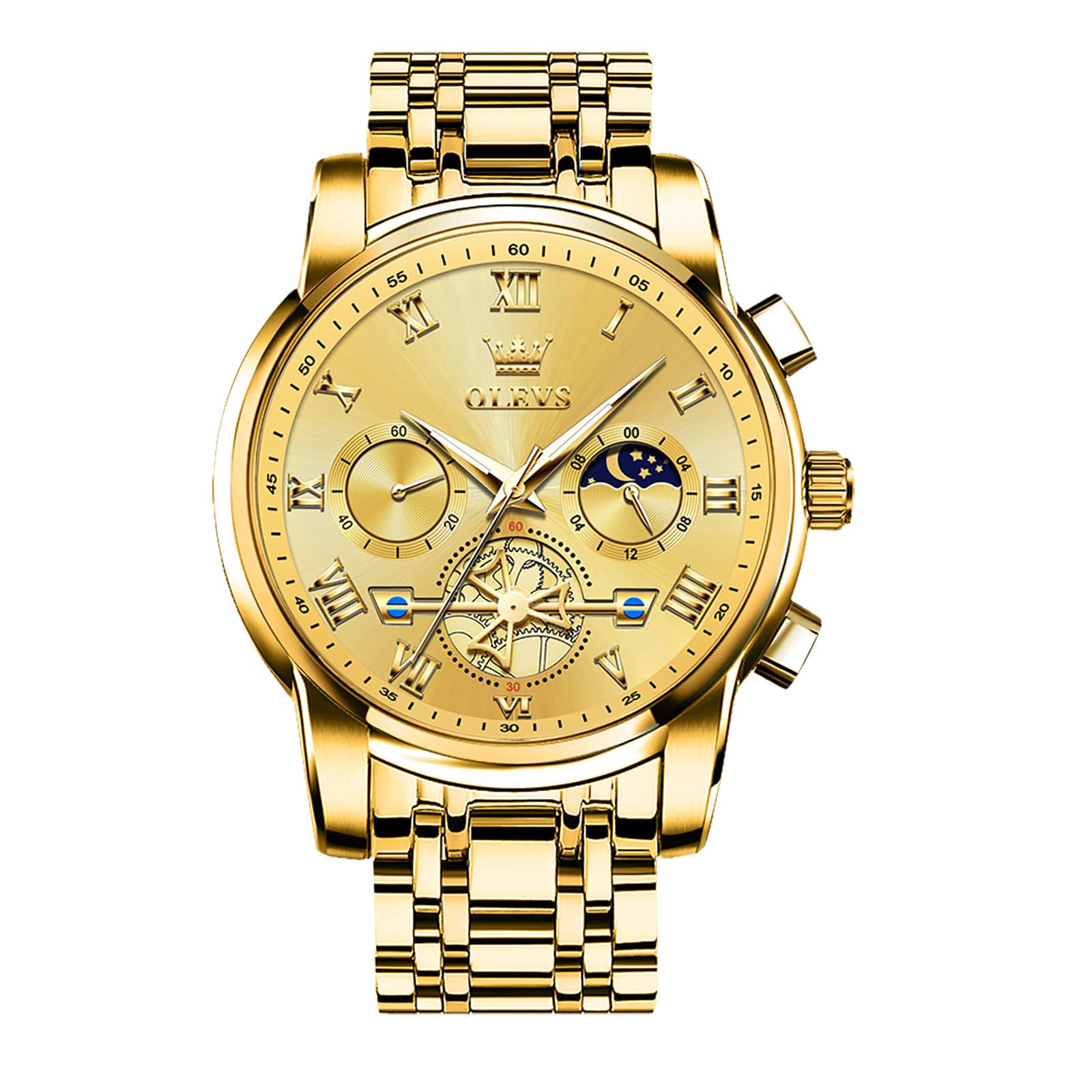 OLEVS Men's Chronograph Watch, Gold Silver Tone Stainless Steel Analog Quartz Watch, Multi-Function Waterproof Date Diamond Roman Numerals Dial Dress Watch for Men
