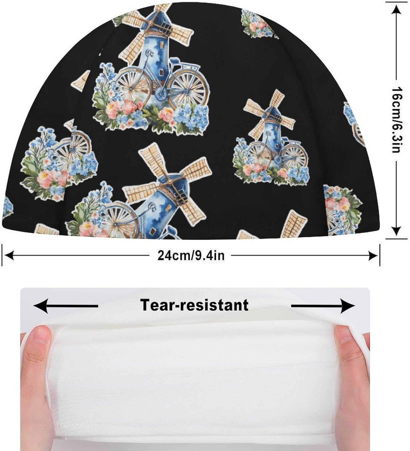 Dutch Windmill Bike Flowers Womens Swim Cap for Men Adult Swimming Hat Curly Short Medium Long Hair