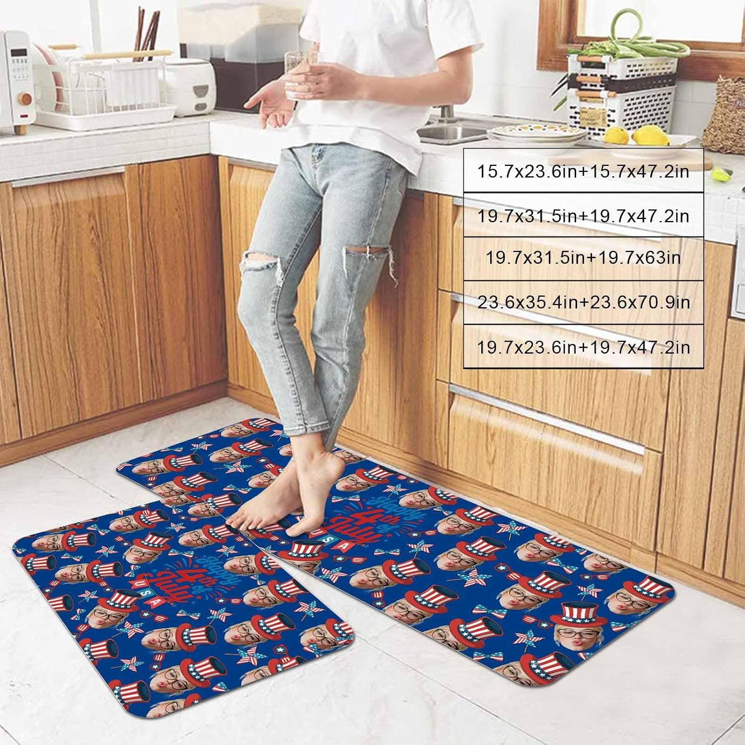 Happy 4th Of July Kitchen Mat Set 2 Pieces USA Flag Bow Hat Windmills Glasses Blue Background Non Slip Kitchen Rugs Washable Runner Rug Mats for Sink Laundry (23.6" x 35.4"+23.6" x 70.9")
