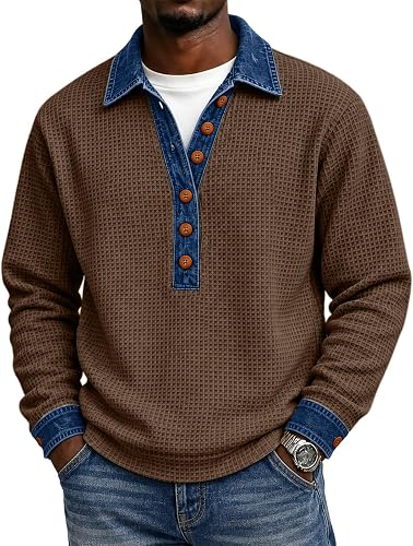 ASUIU Waffle Tees Men Button Polo Layered Oversized Thermal 