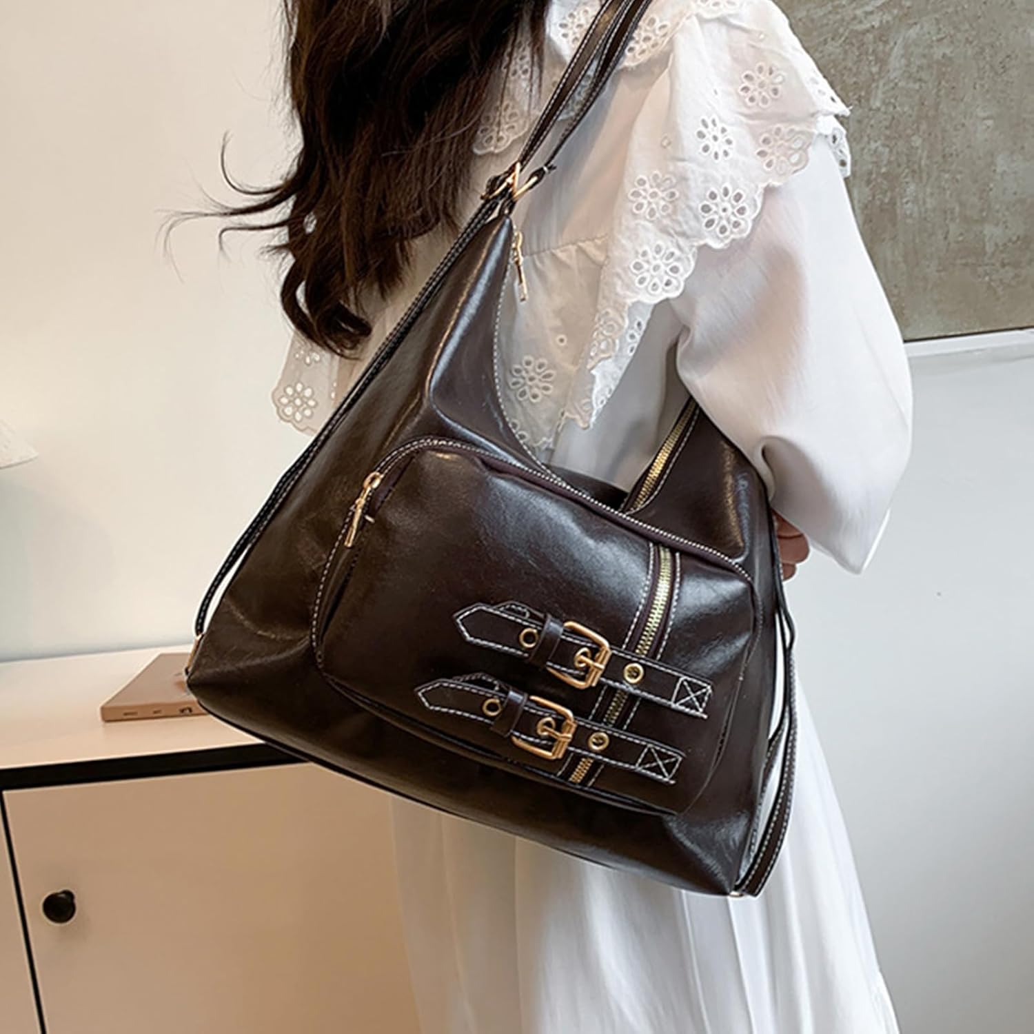 Soft PU Leather Shoulder Bag for Women Stylish School Bag Casual Crossbody Purse Underarm Handbag with Adjustable Strap - Image 8