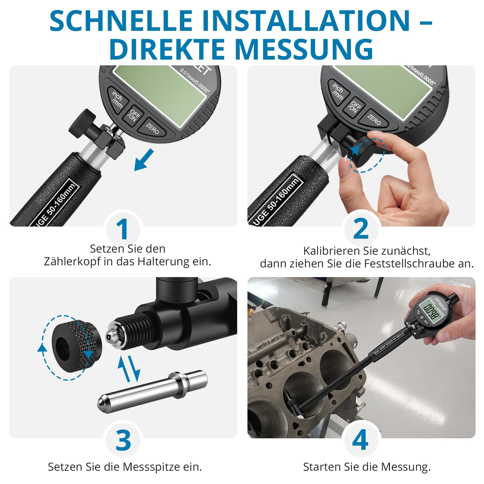 AUTOUTLET Bohrungslehre Messuhr Set 50-160mm, Digitales Bohrungsmessgerät Innenmessgerät Hohe Präzision 0,01mm Innendurchmesser Messuhren mit 12 Sonden & Box, Dial Bore Gauge Industriemesswerkzeug