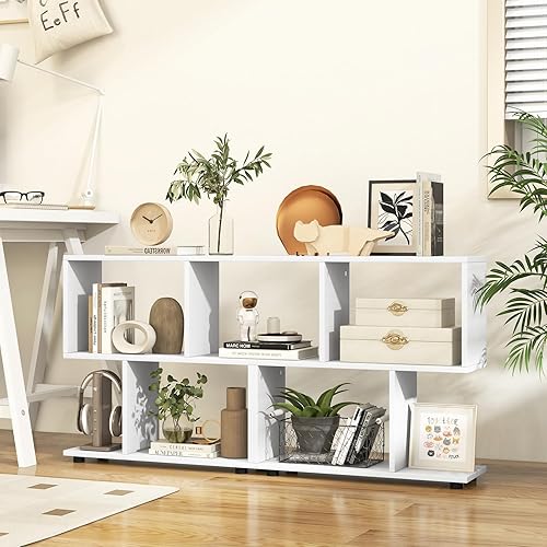 Miniatura 2 de Tangkula Estantería geométrica de 2 niveles, estante de exhibición de madera independiente, divisor de habitación en forma de S, estantería abierta