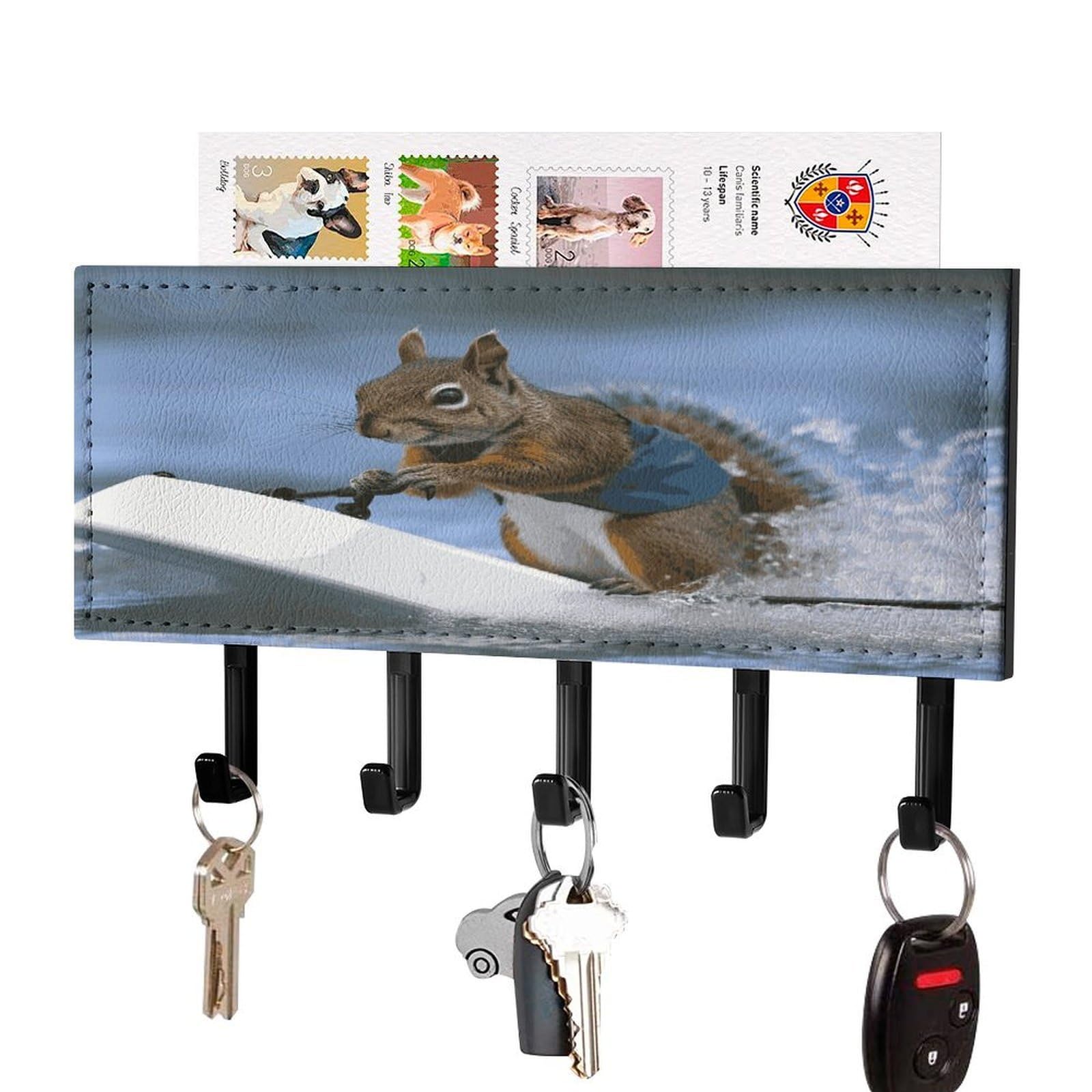LDGSUPH Water Skiing Squirrel Key Holder Wall Mount Key Hanger with 5 Hooks Fashion Key Organizer Rack Hanging Key Hooks with Mail Organizer Key Rack for Home Entryway Hallway Black-Style