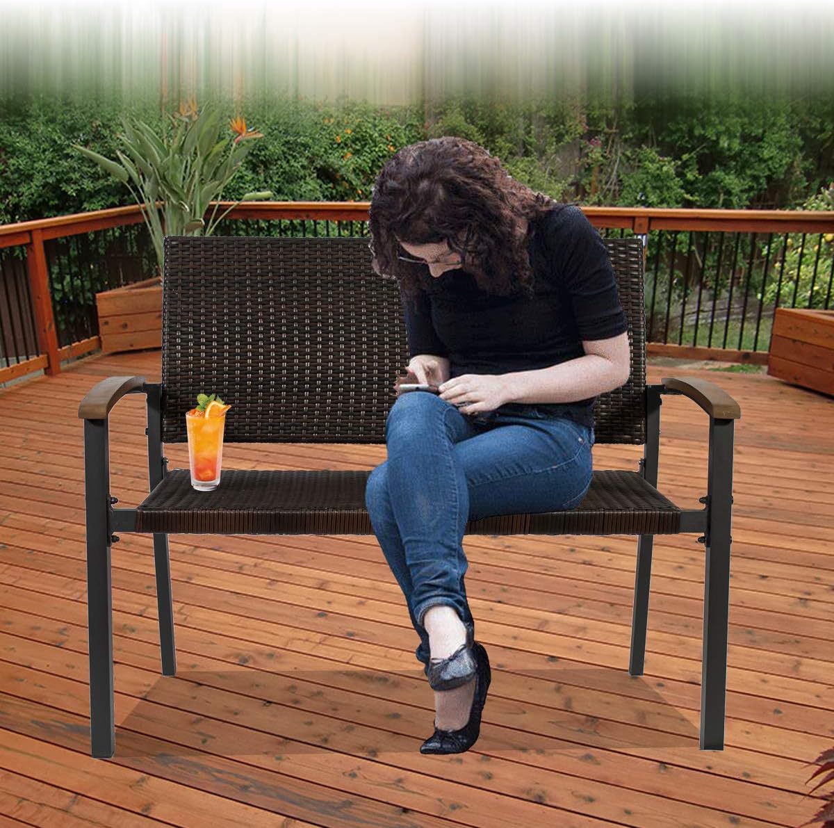 Go Beyond 2-Person Patio Wicker Bench Outdoor Seating Loveseat Chair,Modern Garden Bench Clearance with Wooden Handrail for Garden,Lawn,Backyard,Balcony,Deck,Poolside,Porch