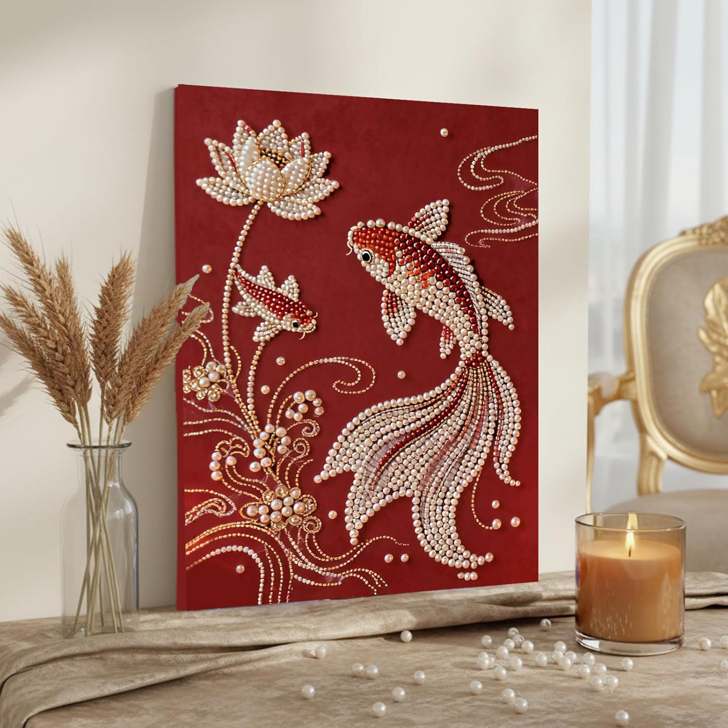 DIY Diamond Pearl Painting Kit for Adults, Flower 3D Pearl Painting Craft with Wooden Frame 40x50cm, Beginner Friendly Home Wall Decor Art, Gift for Women Men Housewarming (Lotus Fish)
