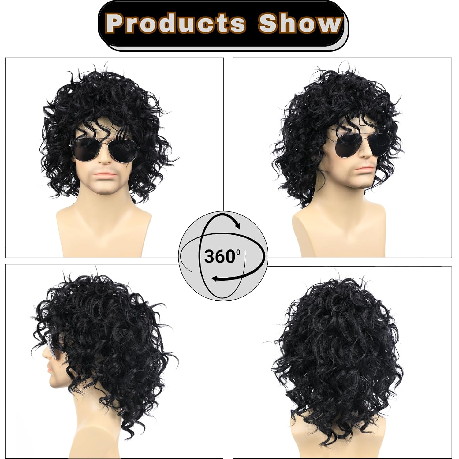 Men 80s Pop Star Black Curly Wig & Sunglasses, Gloves for Halloween Costume