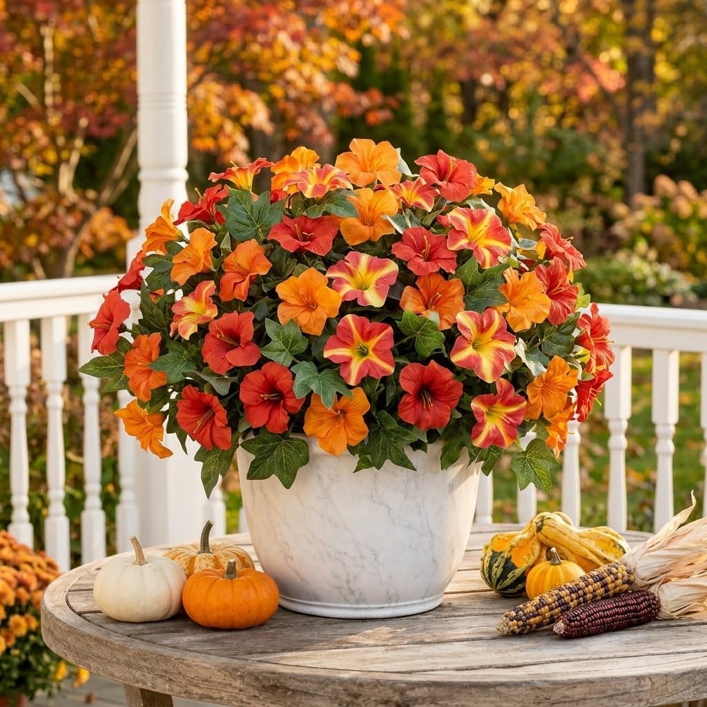 6Pcs Artificial Fake Fall Petunia Plants Flowers for Outdoor Garden Decor | Red Orange Green,Fake Silk Petunias Flowers Faux Plants,UV Resistant, for Garden Porch Balcony Yard Home Autumn Decor